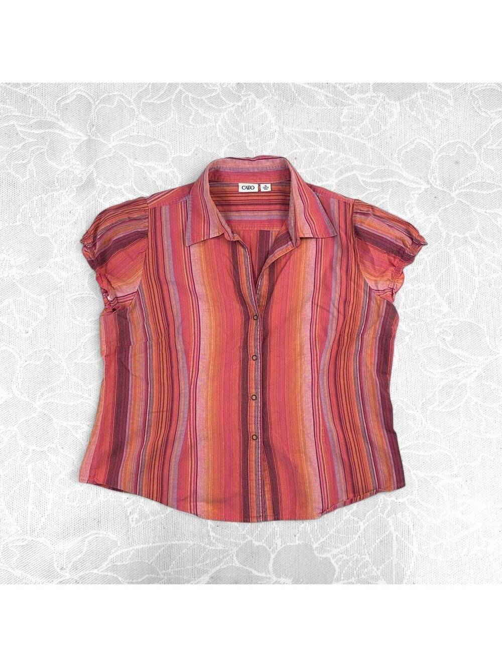 Cato Pink & Orange Striped Button-Up Shirt with Cap Ruffled Sleeves - XL